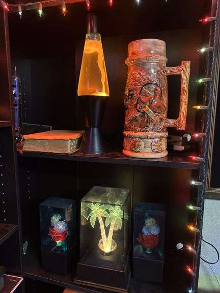 Contents of Shelf (shelf excluded) Sony Stereo Components, Realistic Speakers, Lava Lamp, etc.