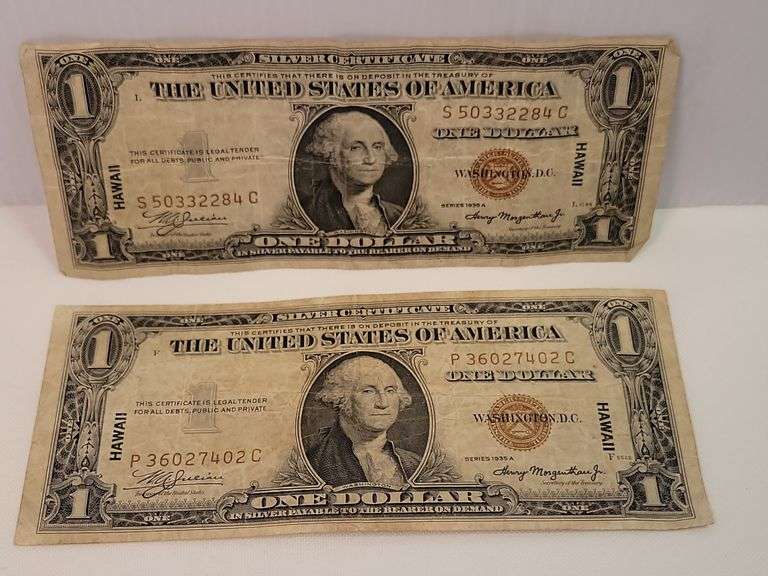 (2) 1935-A WWII $1 Hawaii Notes