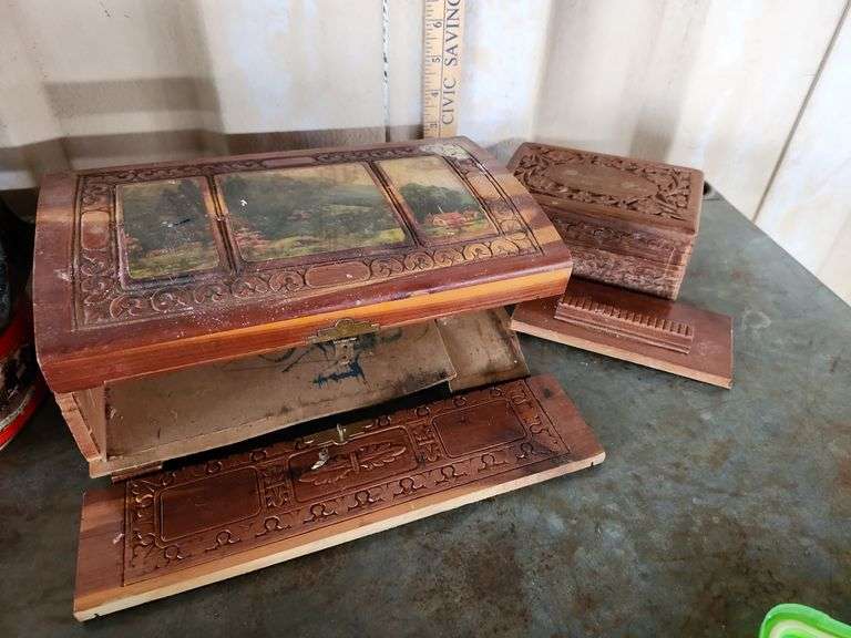 Two Vintage Wood Jewelry Boxes Larger Needs Repaired