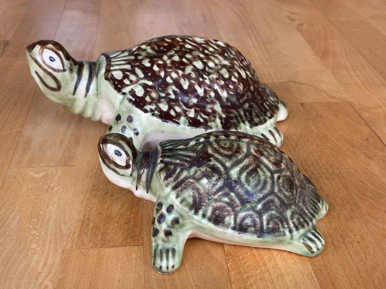 Brush McCoy Turtle Figurines – Pair – 5" & 7" – Hand-Painted Green Glaze