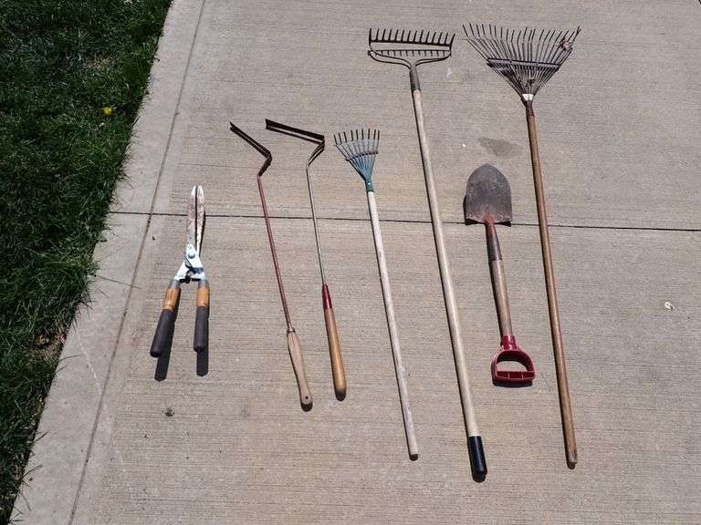 Hedge Shears - 2 Grass Whips - Sm metal rake - Flat Rake - Sm Spade -Leaf Rake