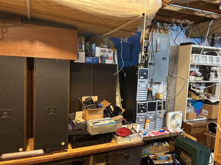 Misc job lot- 6 realistic speakers, computer towers, shop vac, monitors, grinder, drain drill snake,