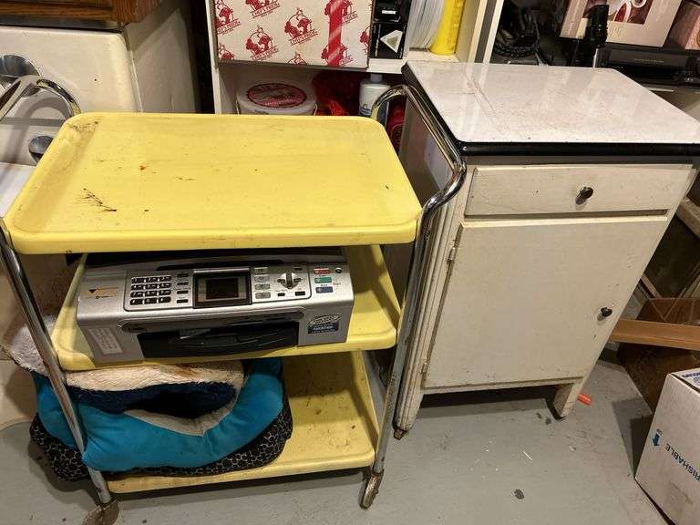 Enamel cupboard & retro metal cart
