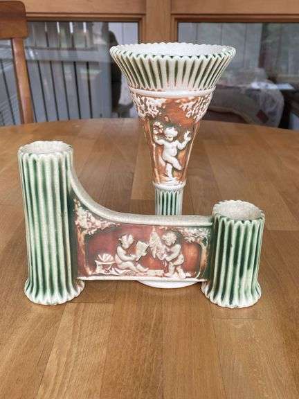 Roseville Donatello Bud Vase – #116 – 6" – Blue Stamp – Gate Double Handle