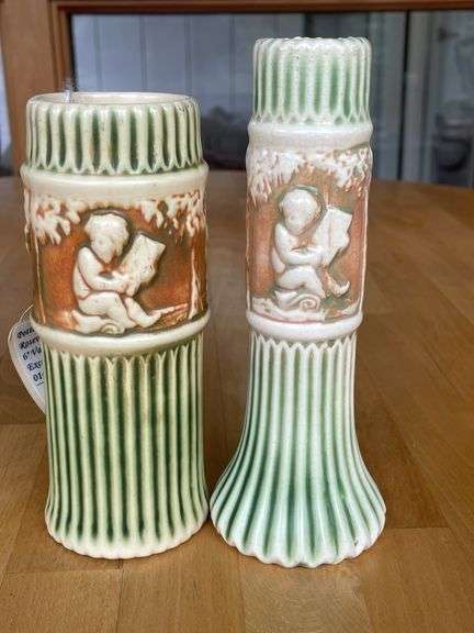 Roseville Donatello Vase Pair – 7" Bud Vase (Unmarked) & 6.25" Vase (Blue Stamp)