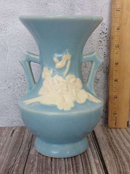 Weller Pottery Flower Cameo Blue/Green Vase w/White Flowers Rose 6 1/2"