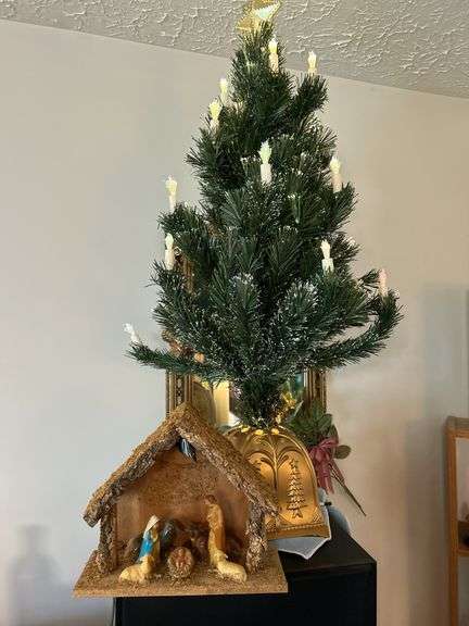 Fiber Optic Tree, Small White Tree & Manger