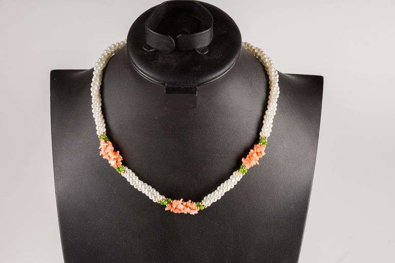 Vintage Jade, Pink Coral and Pearl Necklace