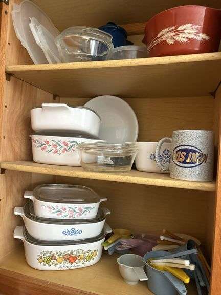 Corning Ware Casserole Dishes & Contents of Cabinets