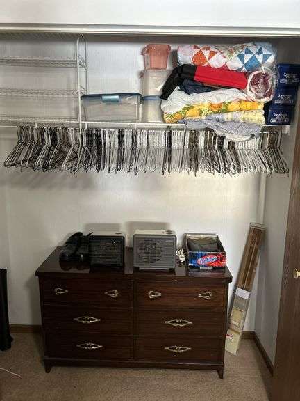 Contents of Closet - Chest of Drawers, Space Heaters, Comforters, etc.