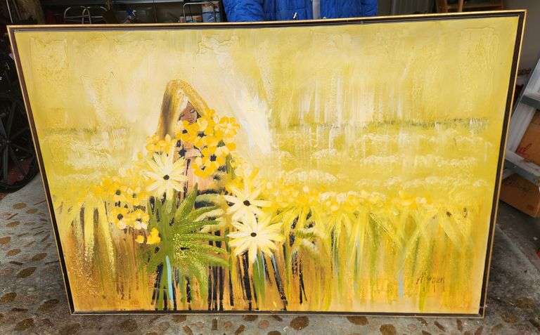 Large 62x42 Mid Century Sunflower Oil Painting on Canvas Signed MORGEN