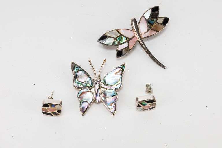 MOP and Abalone Sterling Silver Butterly Pins with Earrings