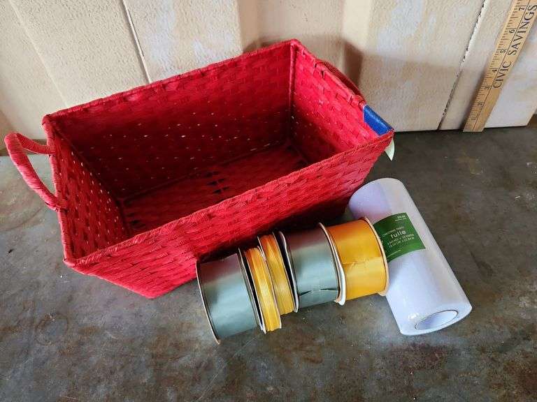 Basket, Assorted Ribbon & Roll Of White Sparkle Tulle 6''X25 Yards