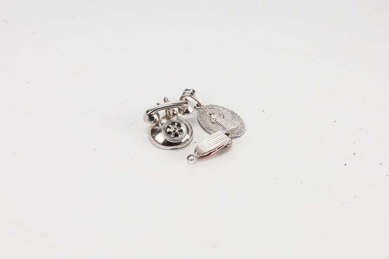 Pair of Charms for Bracelet and Pendant- Danecraft Sterling Telephone, Sterling St. Francis, and Fis