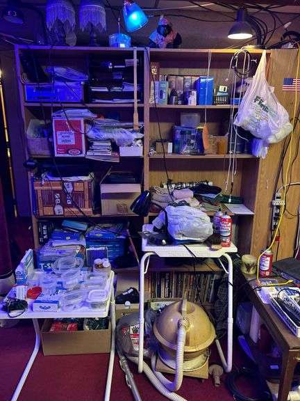 Contents of Shelf (shelf excluded) Christmas Lights, Sweeper, lamps, 2 white tray tables, etc.