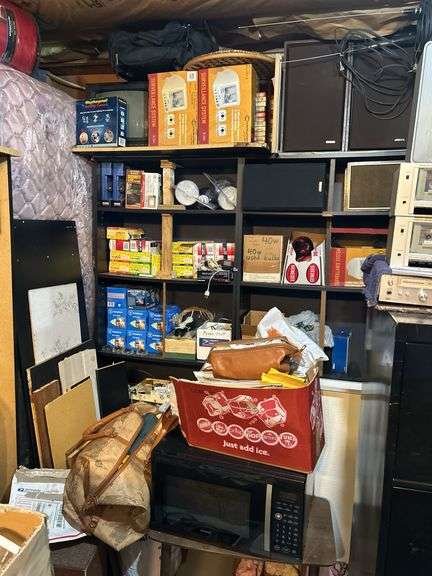 Misc job lot- microwave, file cabinet, speakers, realistic components, monitors, eight tracks, light