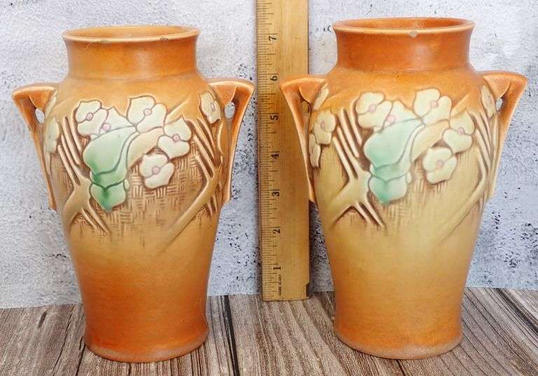 Roseville Pottery 751-7 Matching Pair - 1936 Clemana Brown Art Deco Vases