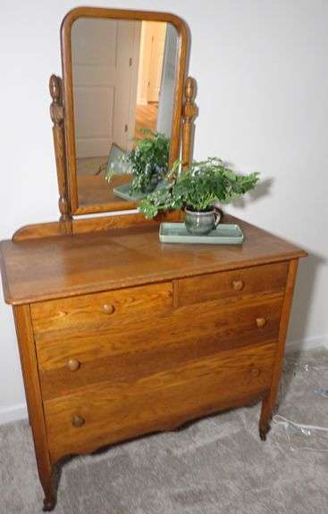 Victorian 4 drawer 2 over 2 Quartersawn Tiger Oak Dresser With Tilt Mirror - WITH CONTENTS