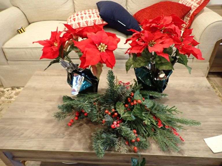 2 Clean 15" Artificial Christmas Poinsettias with Green Foil Wrapped Pot