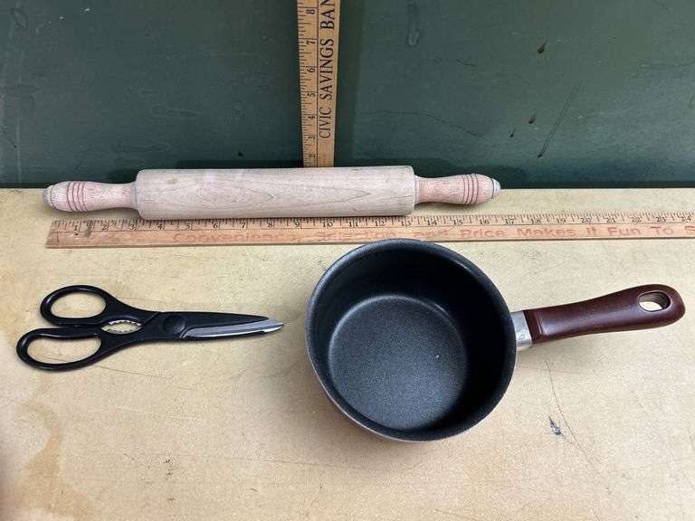 Ginsu Kitchen Scissors, Wood Rolling Pin (Has Cracks), & T-Fal Sauce Pan
