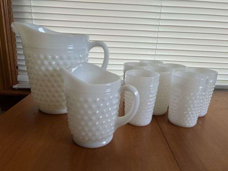 Milk Glass Pitchers & Glasses (x7) - large pitcher cracked
