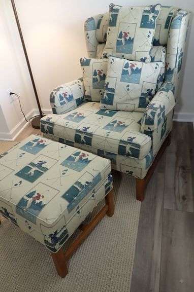 Classic Wing Chair with Golf Upholstry.  Includes 4 accent pillows & Ottoman