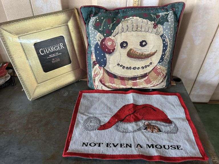 10 New Charger Plates, Placemat & Snowman Pillow