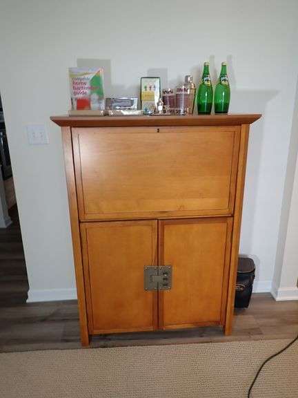 Vtg Pottery Barn Locking Bar Fold Down Bar top with bottom lockable Wine Rack - Includes Contents