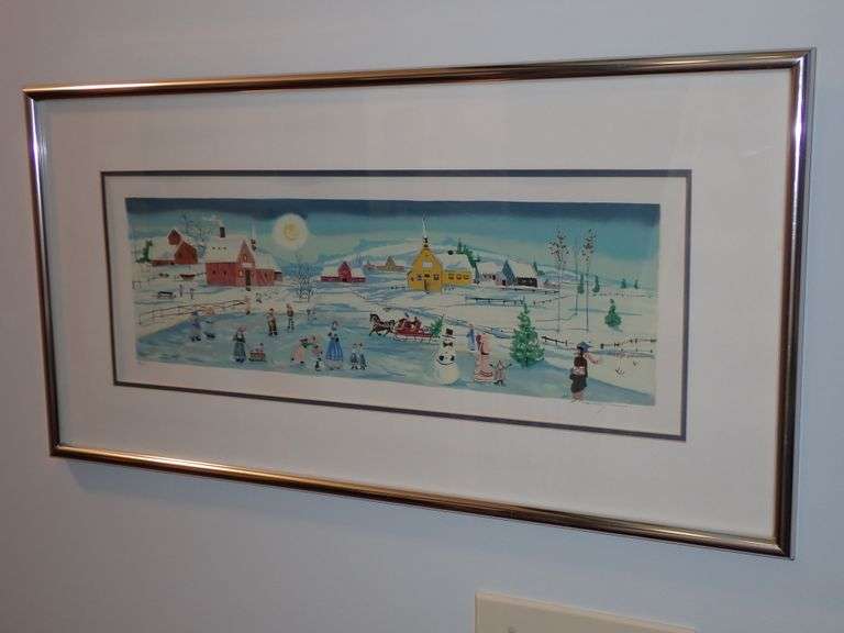 Rare Limited Edition (77/275) Kathy Kelleher Pencil Signed Lithograph "Winter Village" Custom Framed Wall Art
