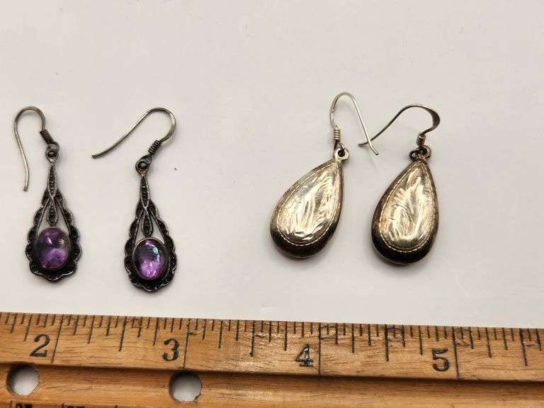 TWO PAIR .925 Sterling Silver Amethyst & Sterling Etched Teardrop Earrings