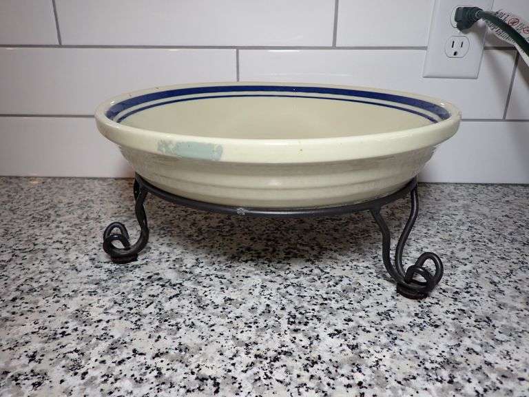 Roseville Ohio FRIENDSHIP Pottery Bowl Ivory/Blue Stripe Pasta Serving Large 13" w/stand