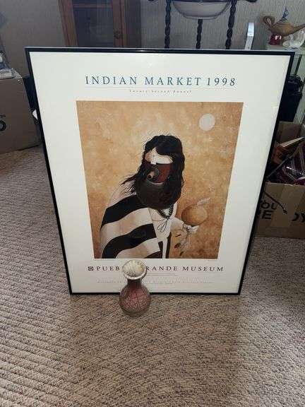 Framed 1998 Pueblo Grand Poster & Hand-Carved Grey Pot (7.75”)