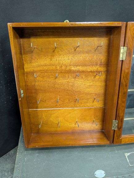 Wall-Mounted Wooden Display Cabinet with Glass Door and Brass Rails