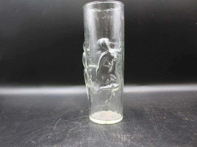 Pair of Clear Glass’s with Embossed Figures
