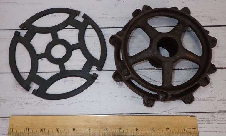 Antique Primitive Cast Iron Stove Grate & Farmers Seed Sprocket