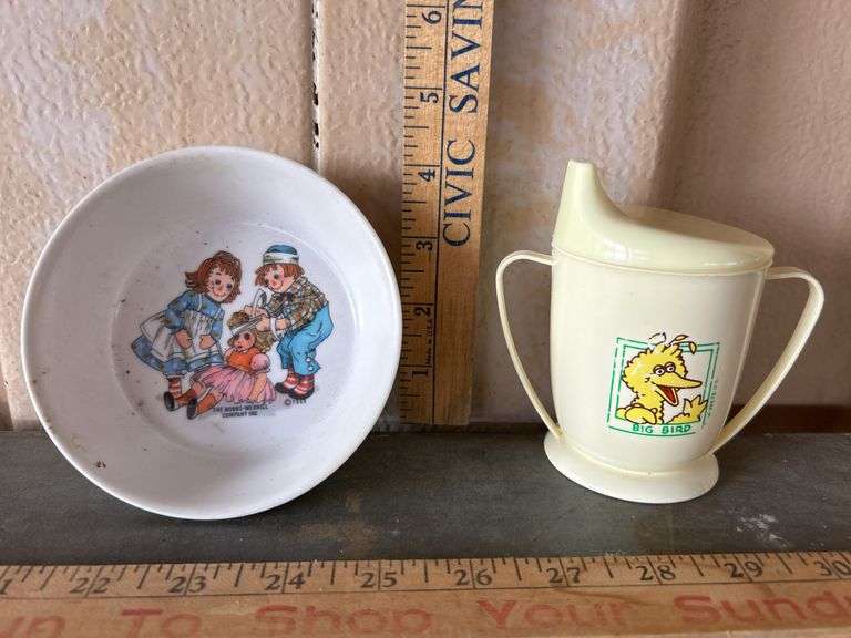 1969 Raggedy Ann & Andy Bowl Oneida Deluxe/The Bobbs-Merrill Company Inc. & Big Bird Sippy Cup