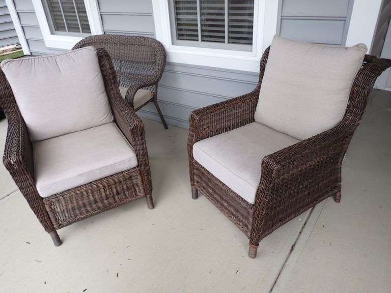 Matching set of Outdoor Faux Wicker Outdoor Cushion Chairs.  Recently purchased