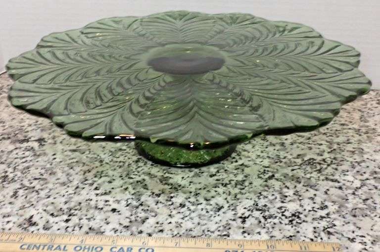 LE Smith Plume Pattern Sage Large 14” Pedestal Cake Stand