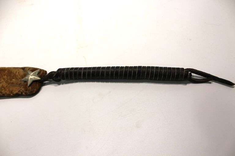 Decorative Metal Revolver with Wooden Base and Leather Holster Whip Accessory