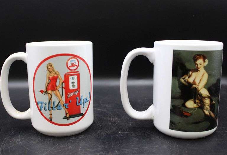 Kirin Beer Ashtray, American Spirit Cigarette Tin, and Pin-Up Style Ceramic Mugs Lot