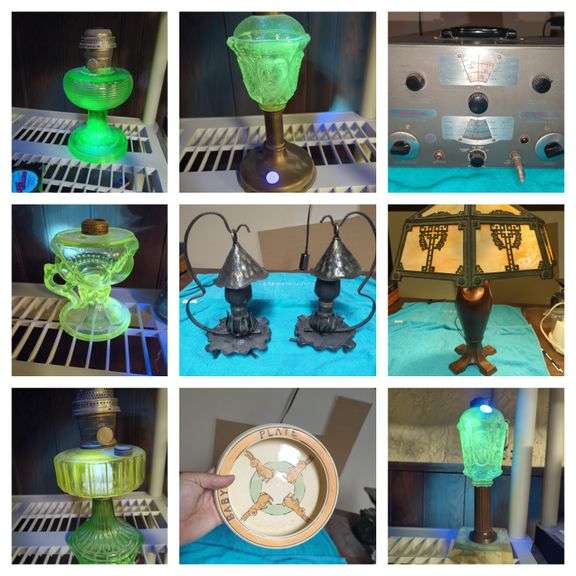 Depression glass, Handel lamps, Collins Ham Radio, Slag Glass Lamps, Lifetime pans, Antique metal fans, Clocks