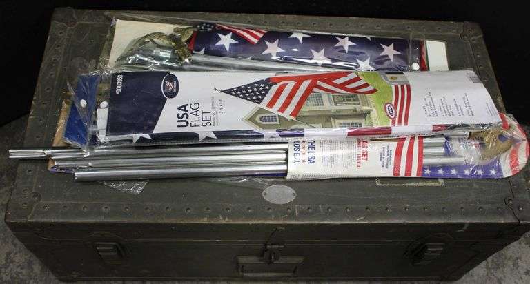 Collection of USA Flag Sets with Accessories and Storage Box