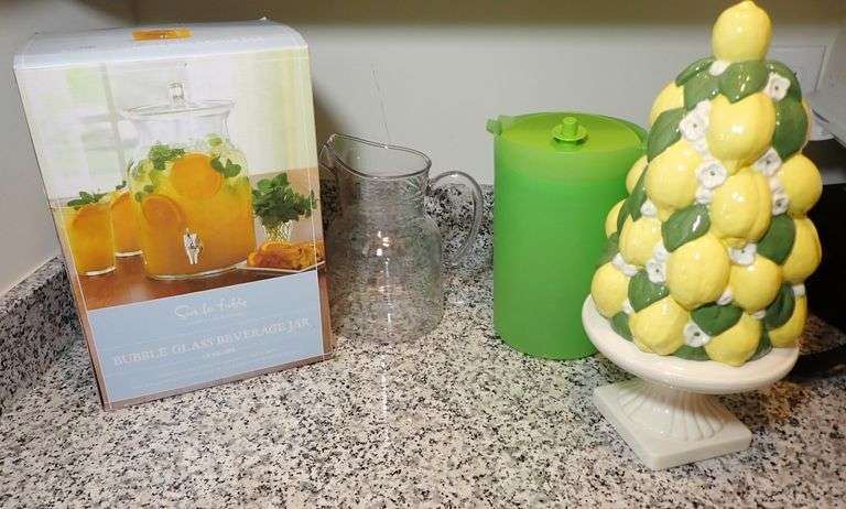 Bubble Glass Beverage Jar w/lid in box - 2 pitchers & ceramic Lemon Centerpiece Statue signed '72