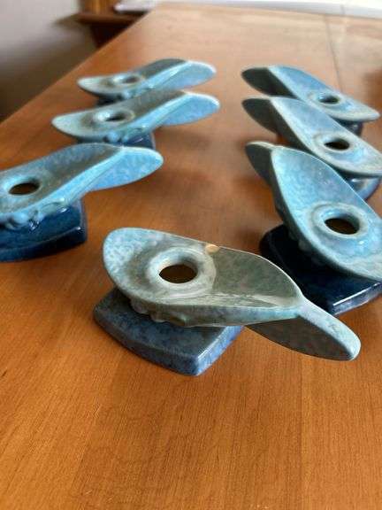 Roseville Wincraft Blue 1948 Mid Century Modern Pottery Candle (x7) - 1 chipped