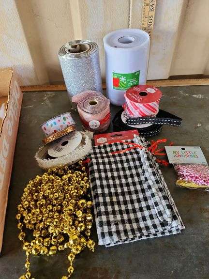 Assorted Ribbon, Beaded Garland & Small Cloth Gift Bags