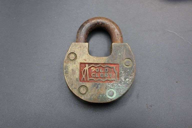 Three Brass Vintage Padlocks Including Trojan 8 Levers, Old Glory, and 1927 Marked Lock