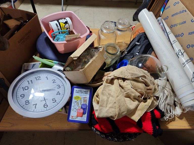 Assorted Houseware, Clock, Storage Bins, Etc.