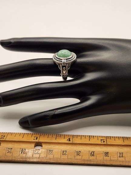 CNA Sterling Silver Oval Green Jade Double Coiled Cable Band Ring