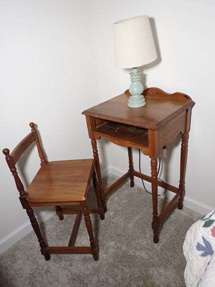 Small Walnut Childs Writing desk and Chair w/ceramic table lamp