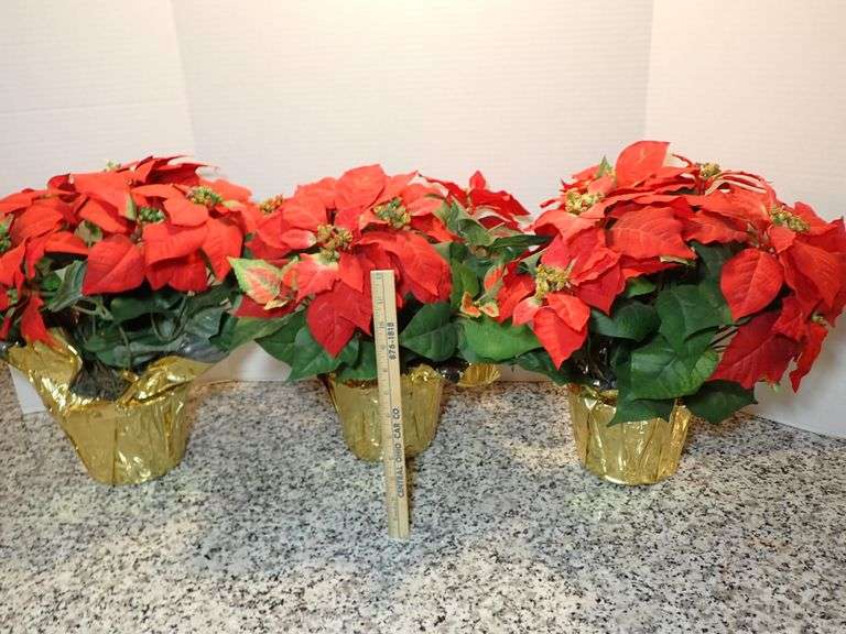 3 Clean 15" Artificial Christmas Poinsettias with Gold Foil Wrapped Pot